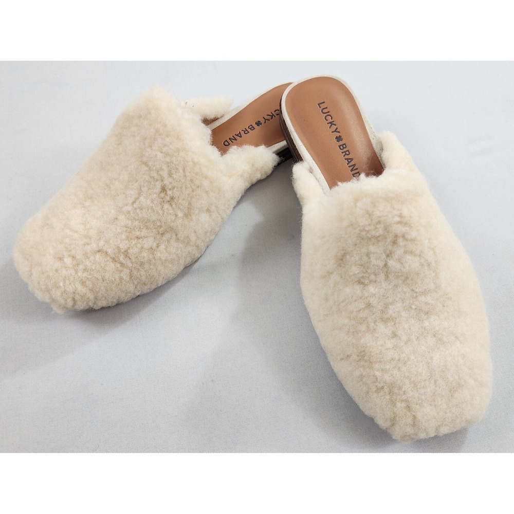 Lucky Brand Colliey Faux Shearling Mule Flats Ivory Beige Womens 7 M 37.5 NEW